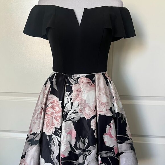 Betsy & Adam Black Pink Floral Off-The-Shoulder Fit & Flare Dress Size 2 - Picture 1 of 16